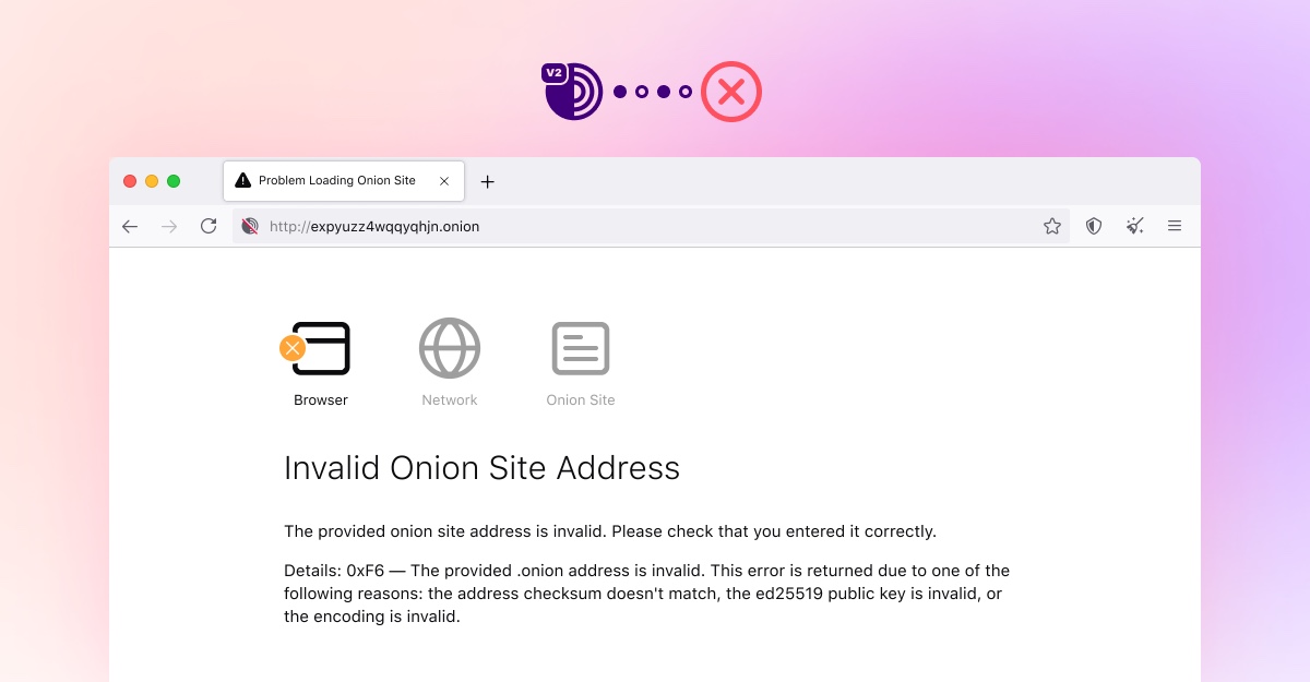 Σφάλμα μη έγκυρης διεύθυνσης ιστοτόπου Onion που προκύπτει από την κατάργηση του v2